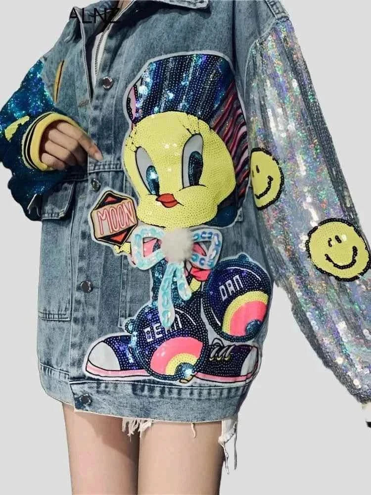 Denim Jacket Women's Cartoon Sequin A-Line Jacket Boat Neck Shawl Collar