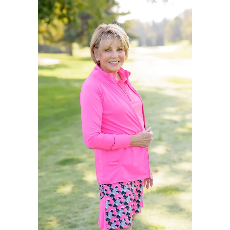 Front Nine Full Zip Golf Jacket-Hot Pink Front Pockets Side Pockets Patch Pockets