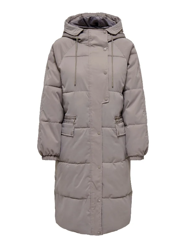 JDY Tiger Padded Hood Long Jacket-DRIFTWOOD Belted Jacket Elasticated Jacket Padded Jacket