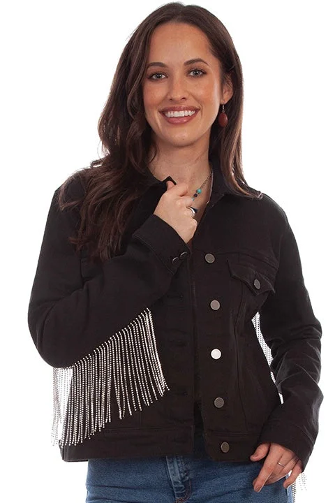 LADIES DENIM JACKET W/RINESTONE FRINGE Zippered Jacket Buttoned Jacket Snapped Jacket