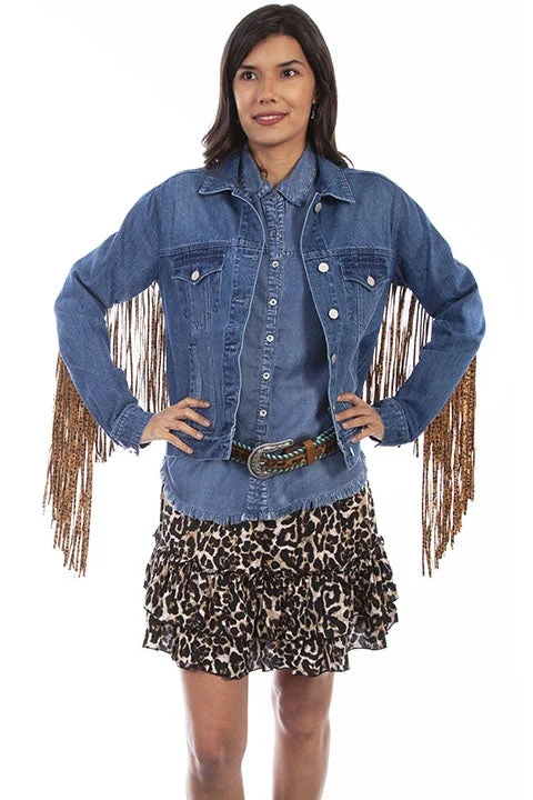 LADIES DENIM JACKET WITH LEOPARD FRINGE Welt Pockets Slit Pockets Flap Pockets