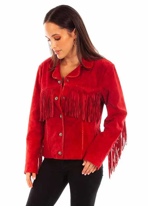 LADIES RED SUEDE FRINGE JACKET Stand-Up Collar Roll-Neck Collar Turtle Neck