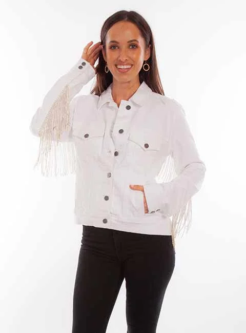 LADIES WHITE DENIM JACKET W/CRYSTAL FRINGE Zippered Jacket Buttoned Jacket Snapped Jacket