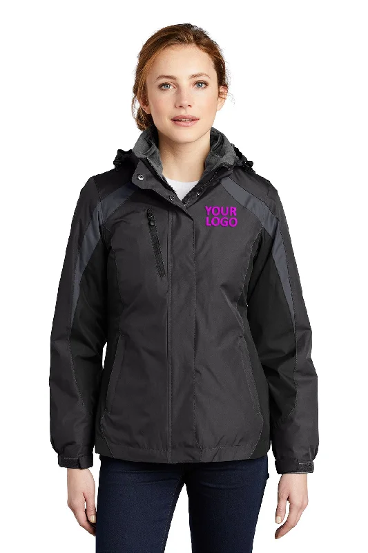 Port Authority Ladies Branded Colorblock 3-in-1 Jackets, Black/ Black/ Magnet Grey Herringbone Jacket Checkered Jacket Solid Jacket