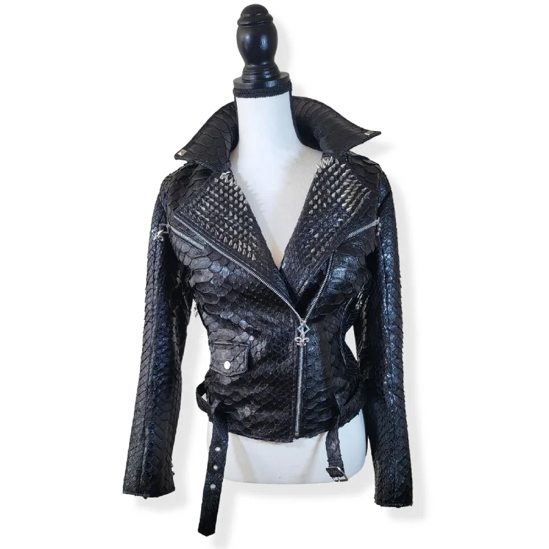 ROCK STAR STUDDED PYTHON EXOTIC LEATHER JACKET WOMEN Fleece Fabric Down Fabric Feather Fabric