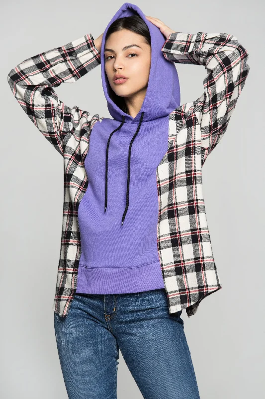 Purple Drawstring Hooded Tartan Print Jacket Toggled Jacket Drawstring Jacket Belted Jacket