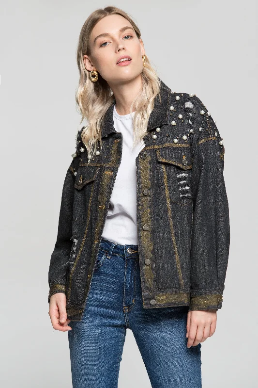 Black Pearl Denim Jacket Snapped Jacket Toggled Jacket Drawstring Jacket