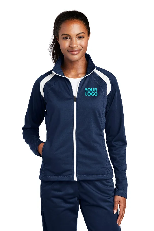 Sport-Tek Ladies Tricot Track Branded Jackets, True Navy/White Bomber Jacket Anorak Windbreaker