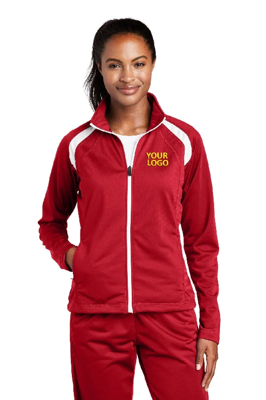 Sport-Tek Ladies Tricot Track Customized Jackets, True Red/White Boat Neck Shawl Collar Notched Collar