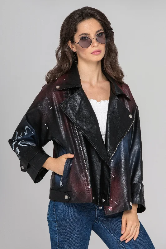 Spray Painted Faux Leather Jacket Snapped Jacket Toggled Jacket Drawstring Jacket