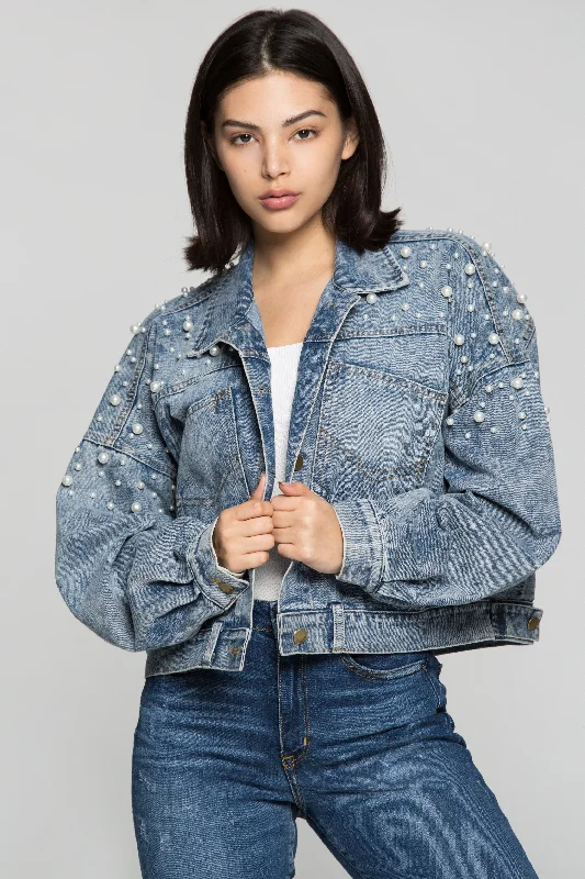 True Blue Pearl Studded Denim Jacket Rayon Fabric Velvet Fabric Corduroy Fabric