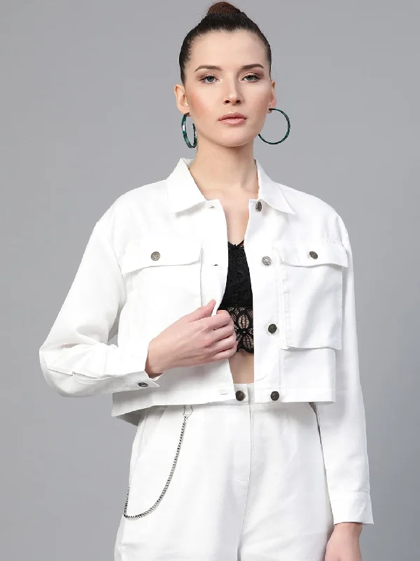 Women Solid Standard White Jacket Ribbed Jacket Pleated Jacket Ruffled Jacket