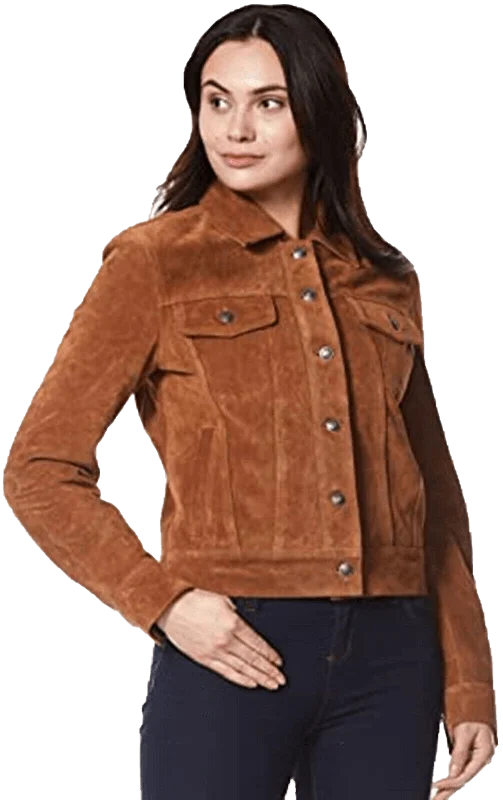 Women Trucker Real Leather Jacket Tan Suede Casual Fashion Shirt Jacket 1680 | Women Trucker Suede Leather Jacket Quilted Jacket Puffer Jacket Insulated Jacket