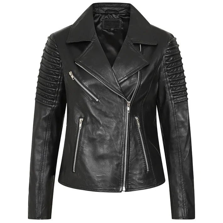 Women's Black Leather Biker Jacket By 3A A-Line Jacket Boat Neck Shawl Collar