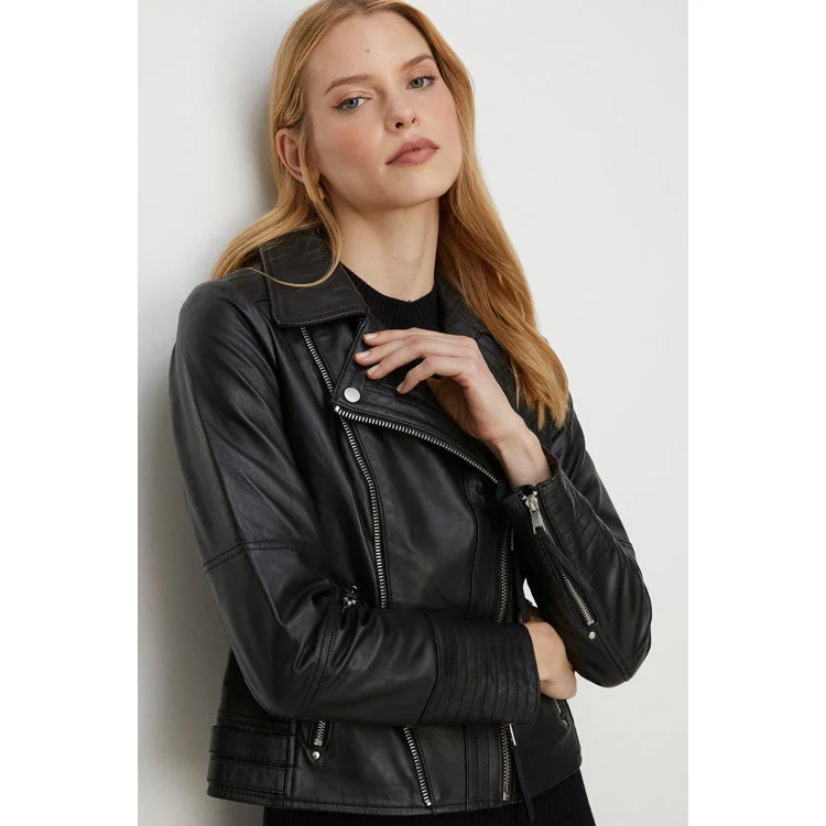 Women's Black Leather Detail Biker Jacket By 3A Satin Fabric Silk Fabric Chiffon Fabric