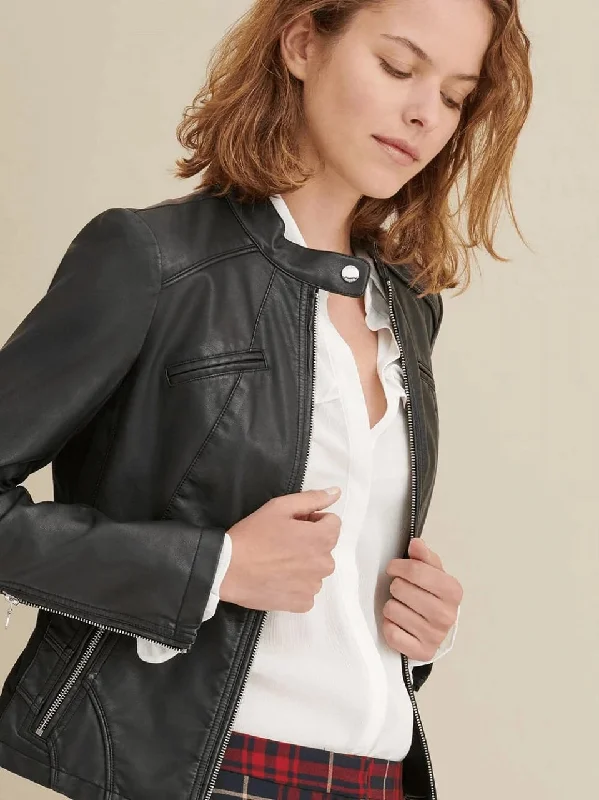 Women’s Black Leather Jacket Genuine Sheepskin Elasticated Jacket Padded Jacket Insulated Jacket