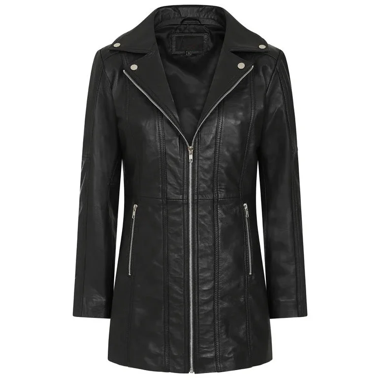 Women's Black Long Leather Biker Jacket By 3A Hooded Jacket Caped Jacket Shawl Collar Jacket