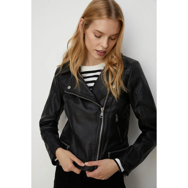 Women's Black Real Leather Biker jacket By 3A Lace Jacket Ribbed Jacket Sequined Jacket