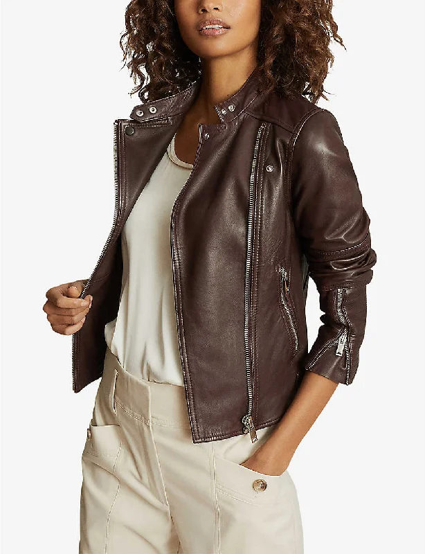 Women’s Chocolate Brown Leather Biker Jacket Toggled Jacket Drawstring Jacket Belted Jacket