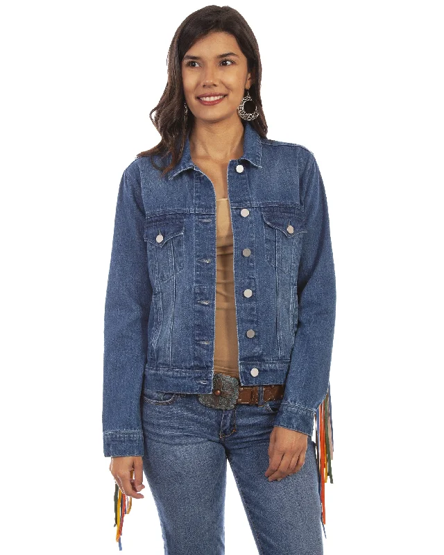 Women's Fringe Denim Jacket Stand-Up Collar Roll-Neck Collar Turtle Neck