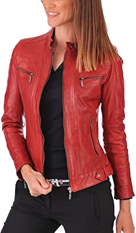 Womens Leather Jackets Motorcycle Bomber Biker Real Leather Jacket | Women Real Leather Jacket Stand-Up Collar Roll-Neck Collar Turtle Neck