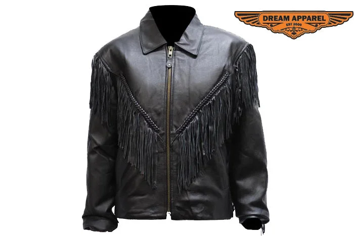 Women's Leather Motorcycle Jacket With Braid & Fringes Notch Collar Peter Pan Collar Cowl Neck