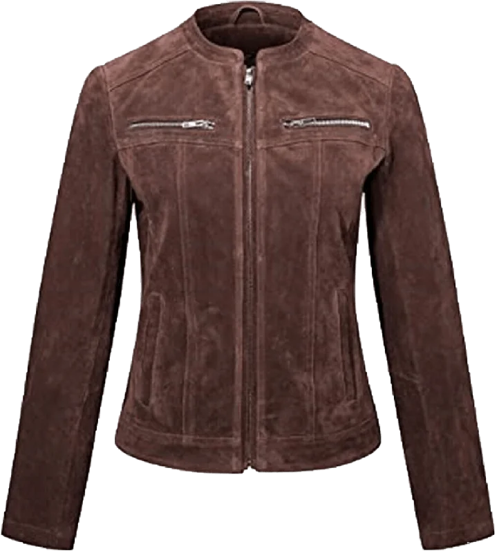 Women's Moto Brown Suede Biker Leather Jacket Coat | Women Moto Brown Suede Leather Jacket V-Neck Jacket Boat Neck Jacket Square Neck Jacket