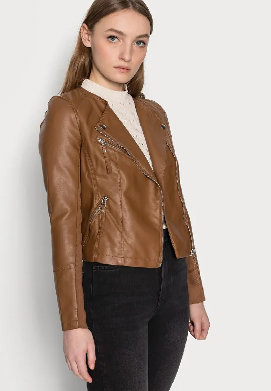 Women’s Tan Brown Genuine Leather Biker Jacket Notch Collar Peter Pan Collar Cowl Neck