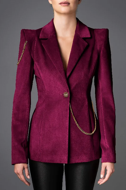 Women's Velvet Jacket - Boldness Magenta Collared Jacket Crew Neck Jacket Turtle Neck Jacket