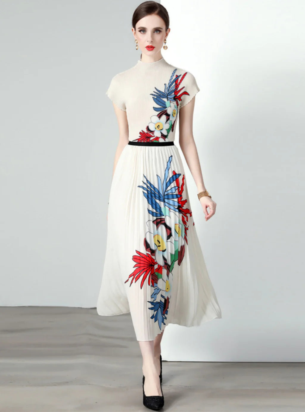 SHORT-SLEEVED TOP HIGH WAIST PLEATED SKIRT TWO-PIECE SUIT denim skirt classic