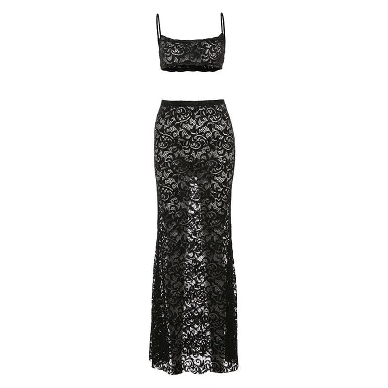 Lace see through u neck backless cami maxi skirt set a-line skirt cut