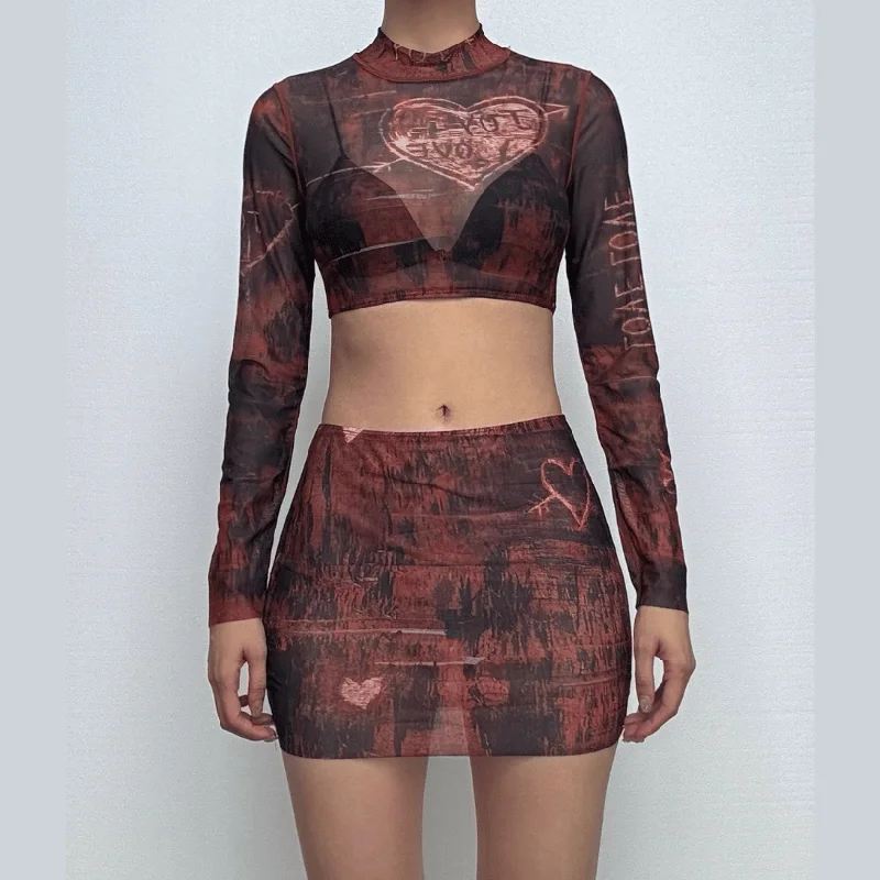 Long sleeve high neck print sheer mesh crop mini skirt set wool skirt sturdy