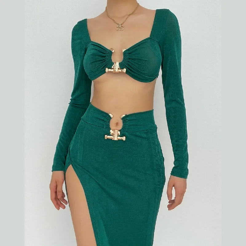 Metal applique irregular solid low cut long sleeve slit midi skirt set relaxed fit skirt