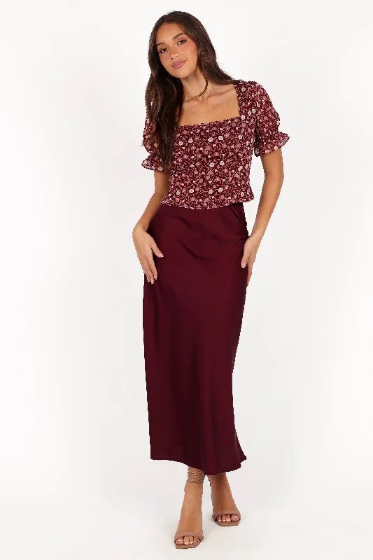 Nellie Satin Midi Skirt - Burgundy zip skirt side