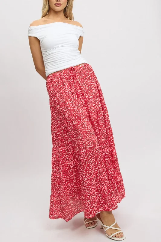 Red Ditsy Maxi Skirt Tiered High Rise pencil skirt chic