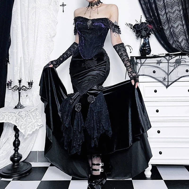 Women's Gothic Black Rose Embroidered Fishtail Maxi Skirt floral skirt print