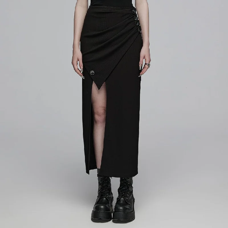 Women's Gothic Ruched Button Split Skirt chiffon skirt delicate