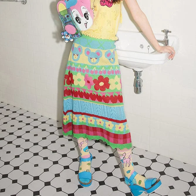 Women's Pink Kawaii Floral Striped Knitted Skirt mini skirt trendy