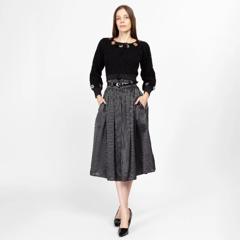 XS-Sm 80s Grey & Black Pinstripe Belted Midi Skirt a-line skirt cut