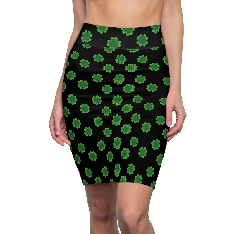 Green Clover Leaf Pencil Skirt, Black Irish Lucky St. Patrick's Day Women's Skirt- Made in USA breathable skirt fabric