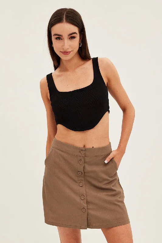 Brown Linen Blend Button Front Mini Skirt silk skirt lustrous