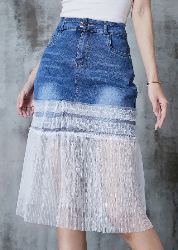 Fashion Denim Blue Ruffled Patchwork Tulle Skirt Summer corduroy skirt durable