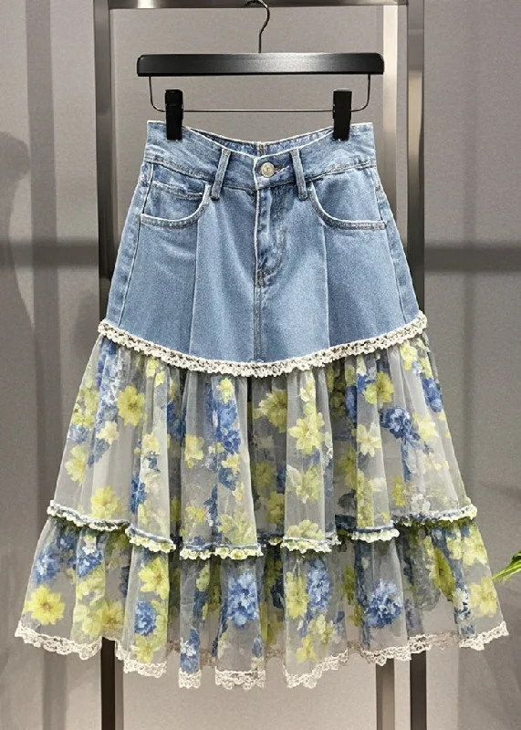 Fitted Light Blue Print Patchwork Tulle Denim Skirt Summer denim skirt classic