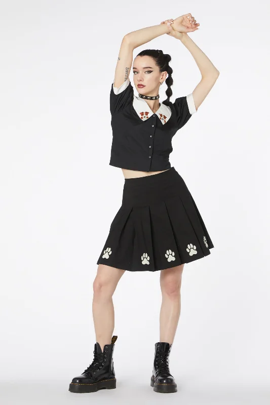 Flock Paw Print Pleat Skirt asymmetrical skirt cut