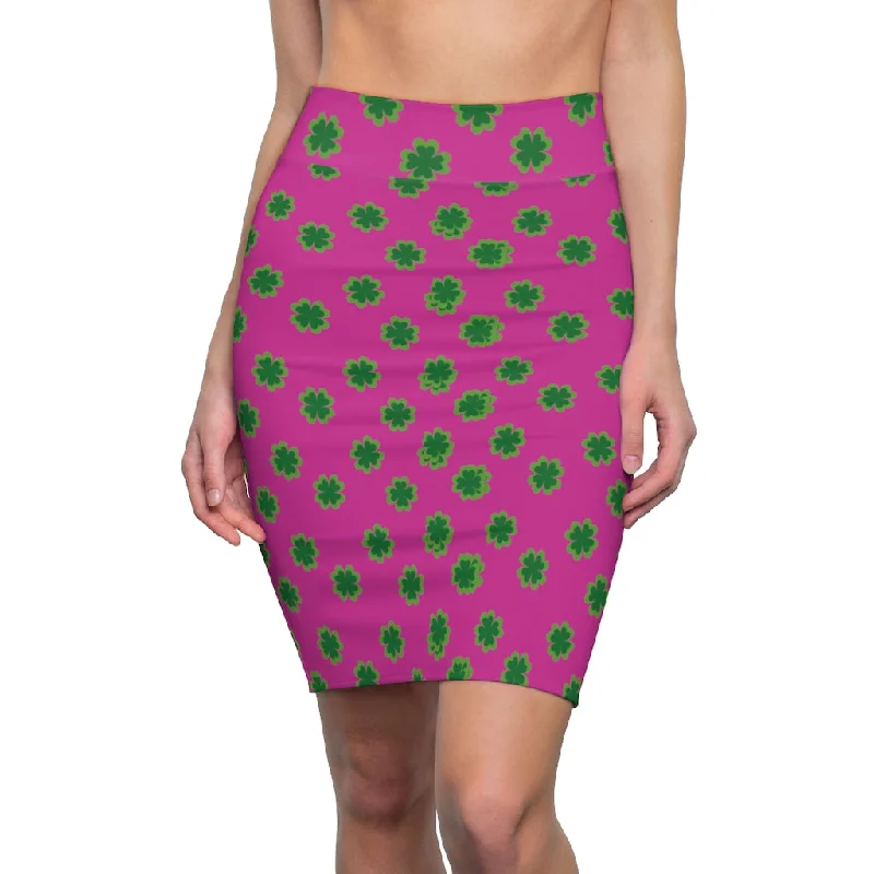 Hot Pink Clover Pencil Skirt, Pink And Green Clover Leaf Print St. Patrick's Day Women's Pencil Skirt- Made in USA velvet skirt glossy