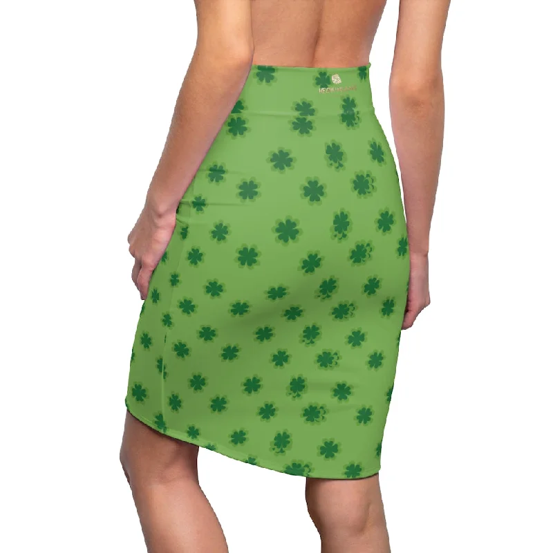 Light Green Clover Pencil Skirt, Best Irish Lucky Clover Leaf Print St. Patrick's Day Women's Pencil Skirt- Made in USA pleated skirt texture