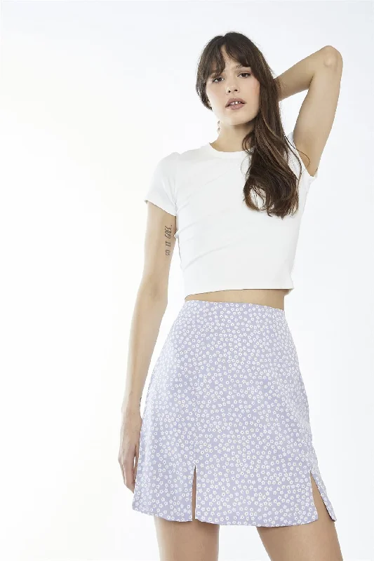 Lilac Retro-Ditsy Notch-Split Mini-Skirt tiered skirt playful