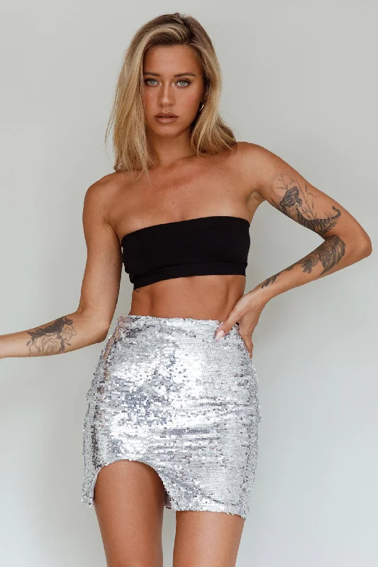 Luna Heart Sequin Mini Skirt Silver a-line skirt cut