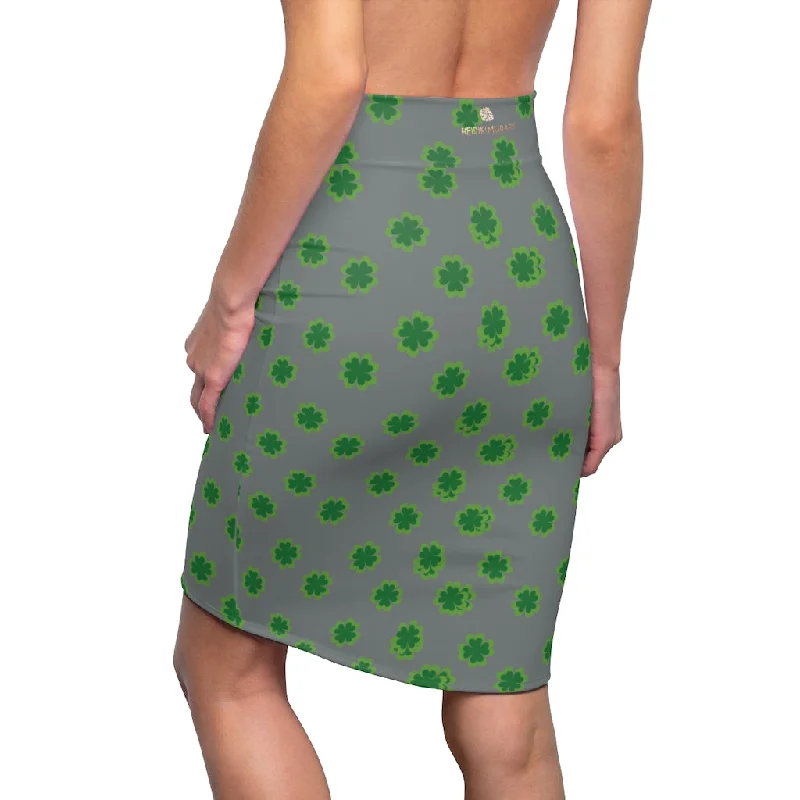 Medium Gray Clover Pencil Skirt, Green Clover Leaf Print St. Patrick's Day Women's Pencil Skirt- Made in USA summer skirt style