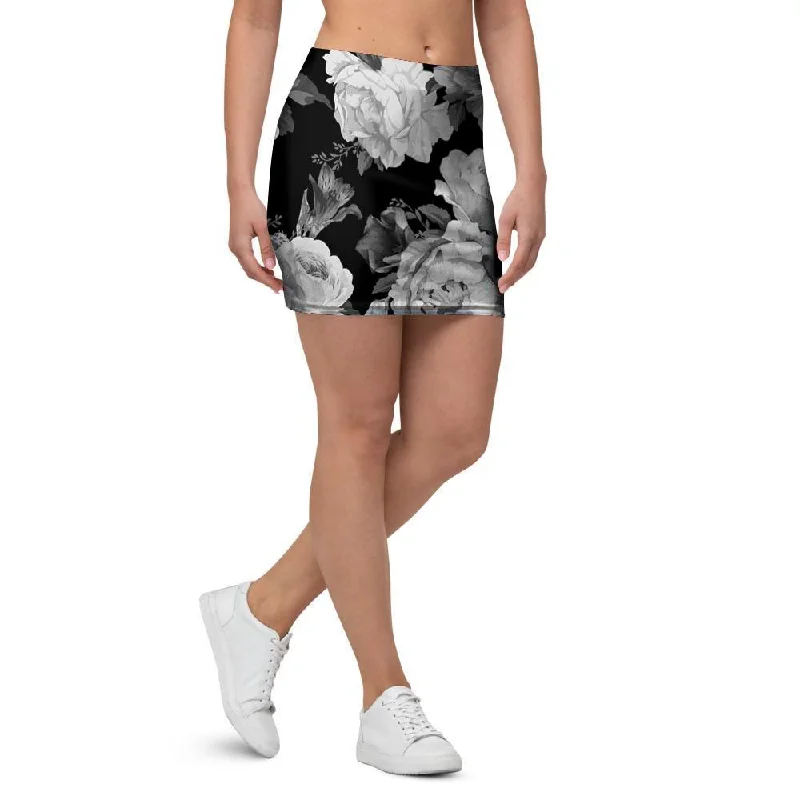 Monochrome Rose Floral Mini Skirt chiffon skirt flowing